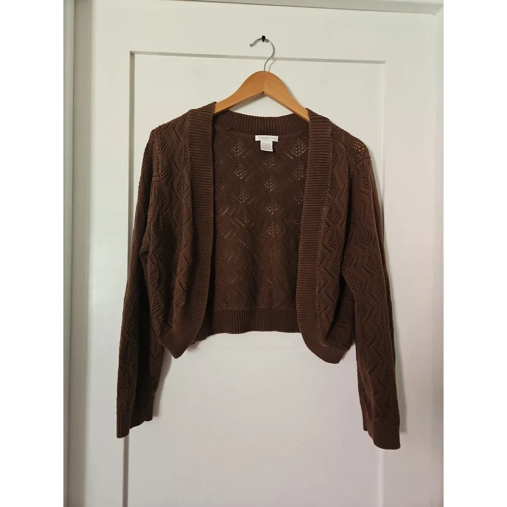 Worthington Cropped Cardigan Sweater XL Brown Open Front Pointelle Knit Cotton